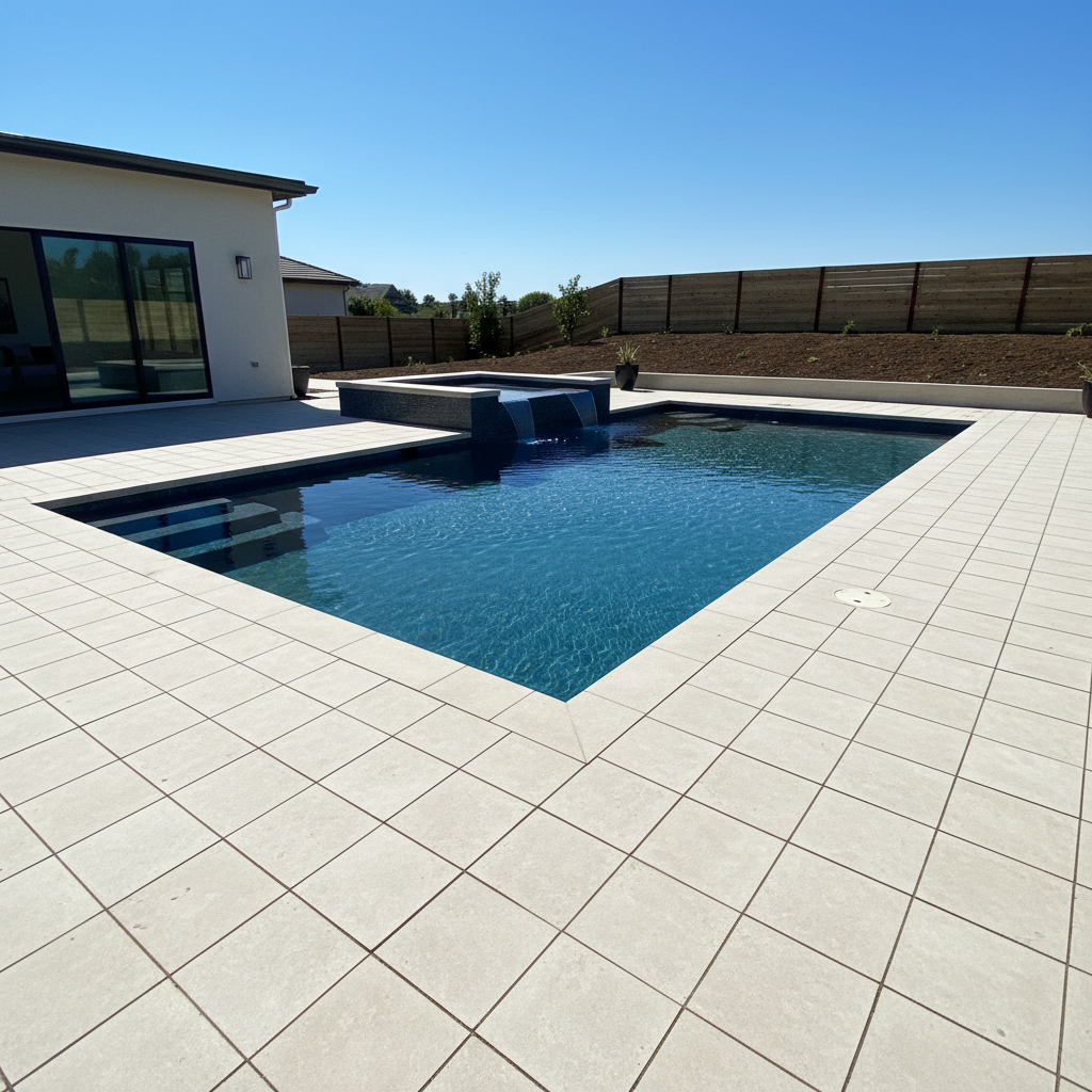 A newly completed backyard featuring a geometric swimming pool with a built-in raised spa, surrounded by carefully finished grading and clean hardscape lines. The pool interior is a deep blue pebble finish, subtly shimmering under midday sun, while the spa overflows in a smooth sheet into the main pool. The surrounding deck is made of large-format, light beige pavers, perfectly level with evenly spaced expansion joints. Beyond the deck, rich, dark topsoil forms gentle slopes ready for sod and planting. Photographic realism from a wide-angle lens at eye level, with crisp, bright lighting and minimal shadows, creating a polished, professional mood that showcases the finished quality of both pool construction and site preparation.