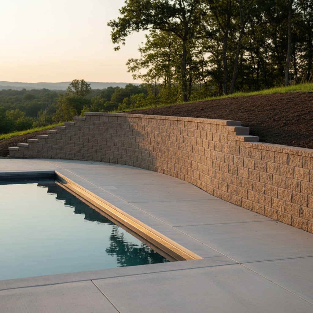 A clean, modern rectangular swimming pool tucked into a carefully graded hillside, supported by a precisely constructed segmental retaining wall. The wall is built from textured, earth-toned concrete blocks with perfectly aligned joints, stepped subtly to follow the slope. Above it, freshly leveled topsoil awaits planting, while below, a smooth, light-colored concrete deck frames the pool. Early evening natural light creates soft, elongated shadows that highlight the wall’s texture and the crisp edge of the pool. Photographic realism from an eye-level perspective, using the rule of thirds to place the pool and wall, with distant blurred trees hinting at a larger landscape. The mood is serene, stable, and professional, emphasizing structural craftsmanship and thoughtful site planning.