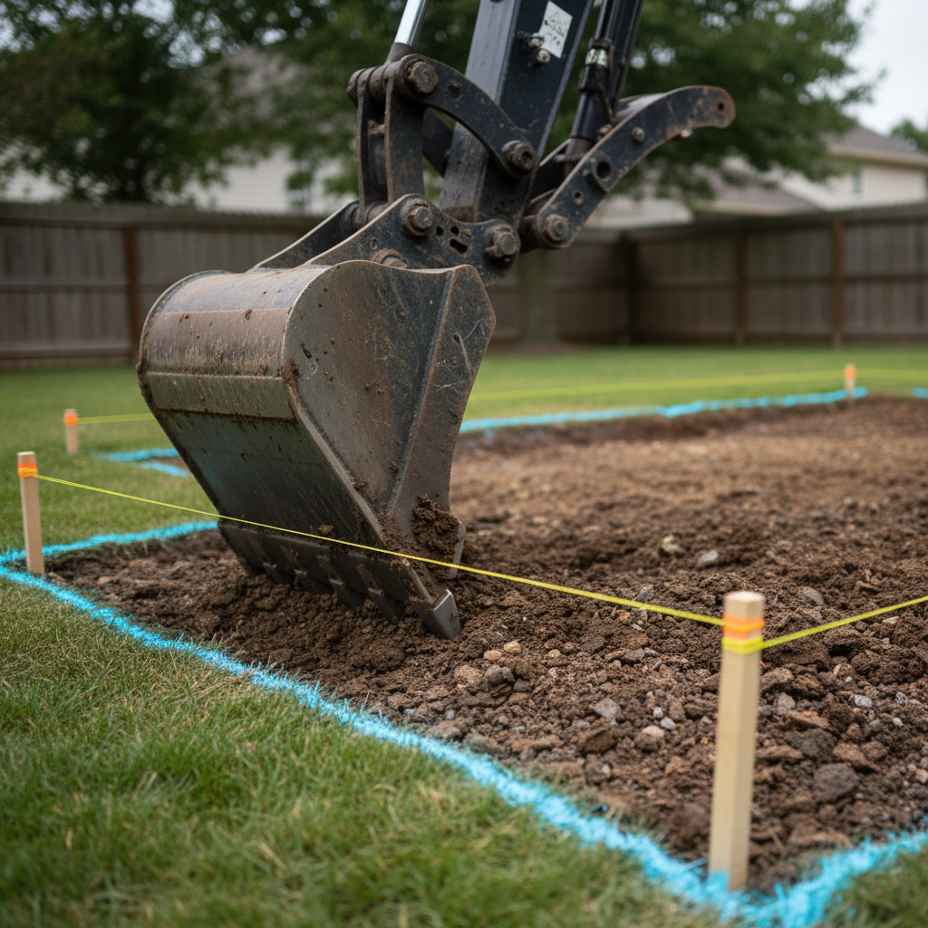 A close-up, detailed view of a compact excavator precisely digging the outline of a future pool in a residential backyard. The steel bucket has clean edges cutting smoothly into rich, brown soil, revealing layered earth textures. The excavation area is neatly staked and marked with bright spray-paint lines, and a string line runs taut along the perimeter to ensure accuracy. Overcast daylight provides soft, even illumination with minimal shadows, enhancing the clarity of every detail. Photographic realism with a low-angle composition focused on the bucket and freshly cut soil, background softly blurred to suggest surrounding lawn and fencing. The atmosphere is meticulous and professional, emphasizing the precision and care behind expert pool excavation services.