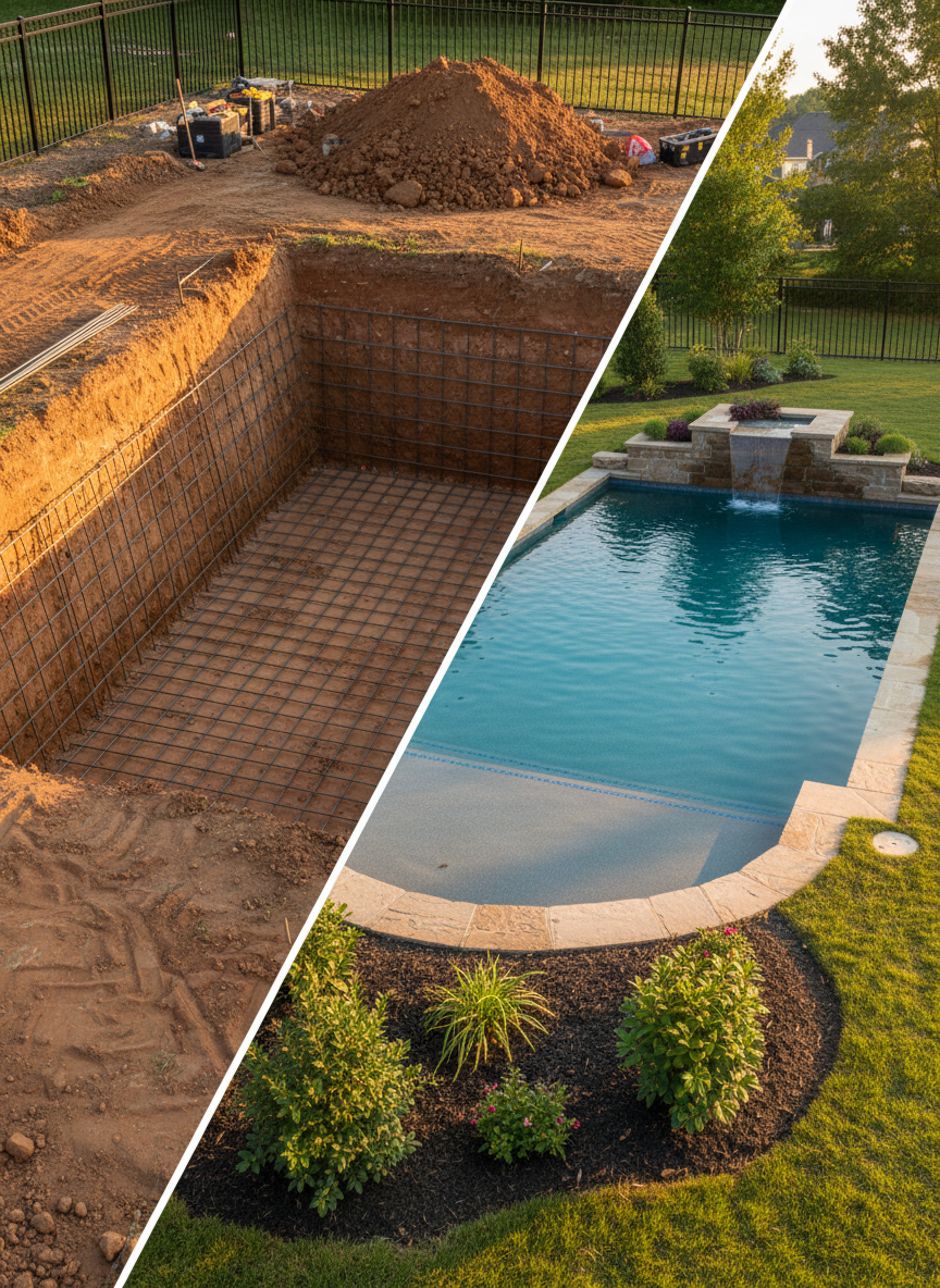 A dramatic side-by-side transformation scene of a backyard, split diagonally through the image. On one side, raw excavation with a carefully dug pool cavity, compacted earth, and clearly defined forms, showing exposed soil textures and rebar framing. On the other side, the finished oasis: a sparkling turquoise pool with natural stone coping, integrated steps, and a simple stone waterfall, set within a neatly landscaped yard of fresh sod and mulched planting beds. Captured in photographic realism during golden hour, with warm sunlight emphasizing textures in soil, stone, and water. Shot from a slightly elevated angle with sharp focus throughout, the mood is confident and aspirational, highlighting the journey from bare ground to stunning outdoor haven.