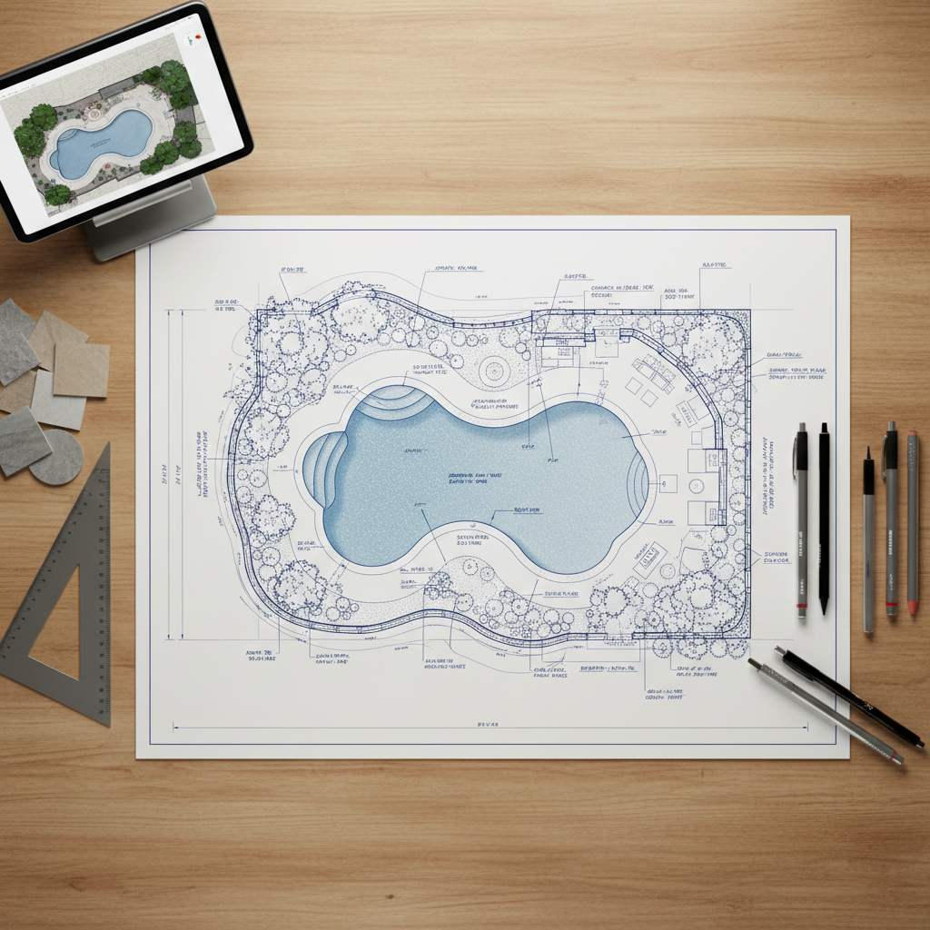 A professional landscape and swimming pool design blueprint spread across a large drafting table, featuring a detailed top-down plan of a backyard with a freeform pool, retaining walls, and planting beds. The blueprint paper is bright white with crisp dark blue lines, notes, and measurements. Surrounding the plan are neatly arranged tools: metal scale ruler, sharpened mechanical pencils, a tablet displaying a 3D render of the same design, and color swatches for stone and tile. Soft, diffused studio lighting eliminates harsh shadows, creating a clean and modern atmosphere. Photographic realism from a bird’s-eye perspective, with the blueprint centered and edges of tools framing the composition, conveying precision, planning, and professional expertise.